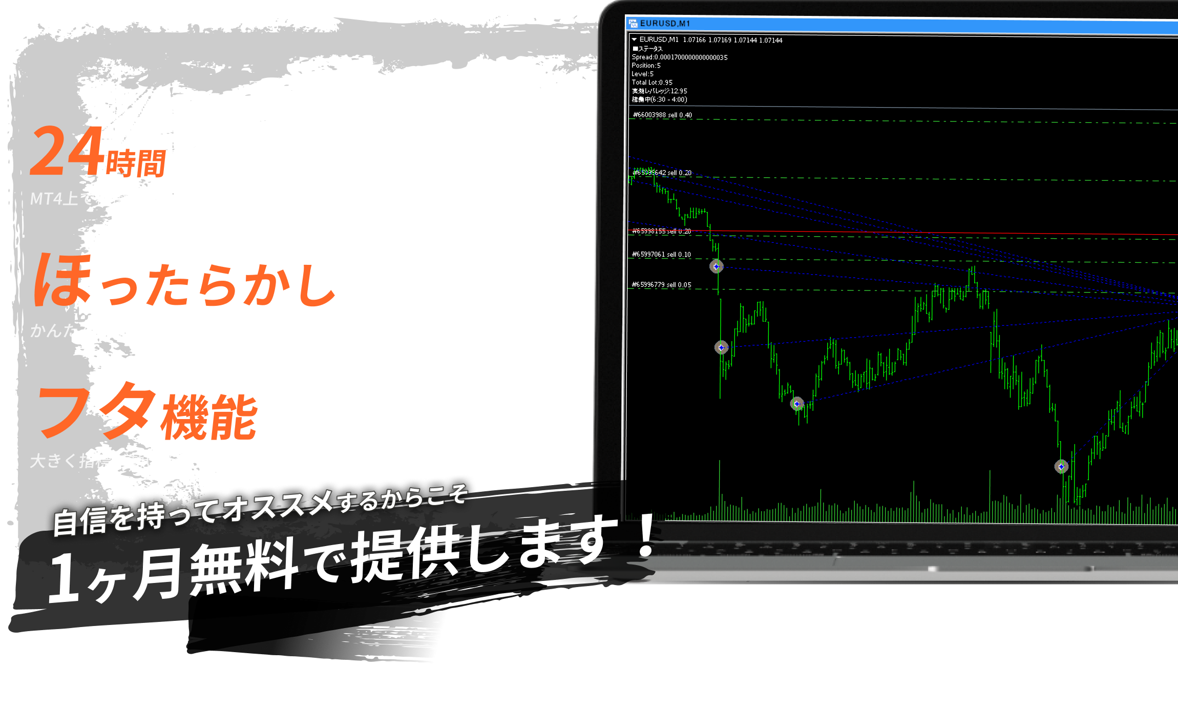 24時間あなたに代わってトレード!MT4状で稼働するEAで、24時間あなたに代わってトレードします。ほったらかしの手間いらず!かんたんパラメーター設定で後はほったらかしで構いません。30%超えの月間利回り!喜びの声ぞくぞく!脅威の30%超えの利回りを誇ります。自信を持ってオススメするからこそ1ヶ月無料で提供します!